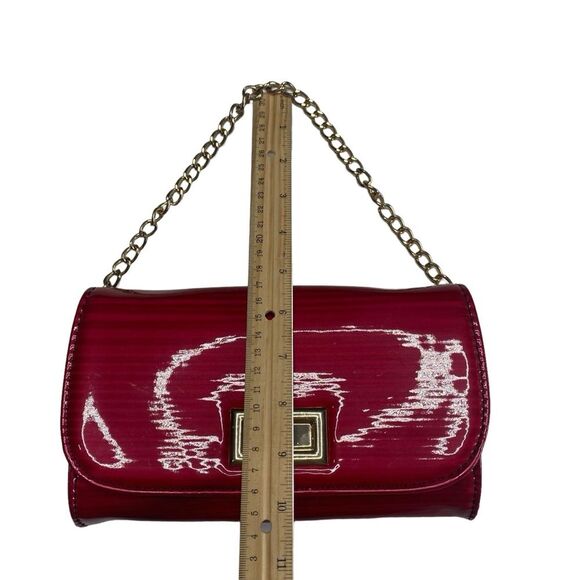 Small Red Patent Leather Clutch Handbag Bag Gold Chain Strap Polka Dot Lining - Picture 7 of 12
